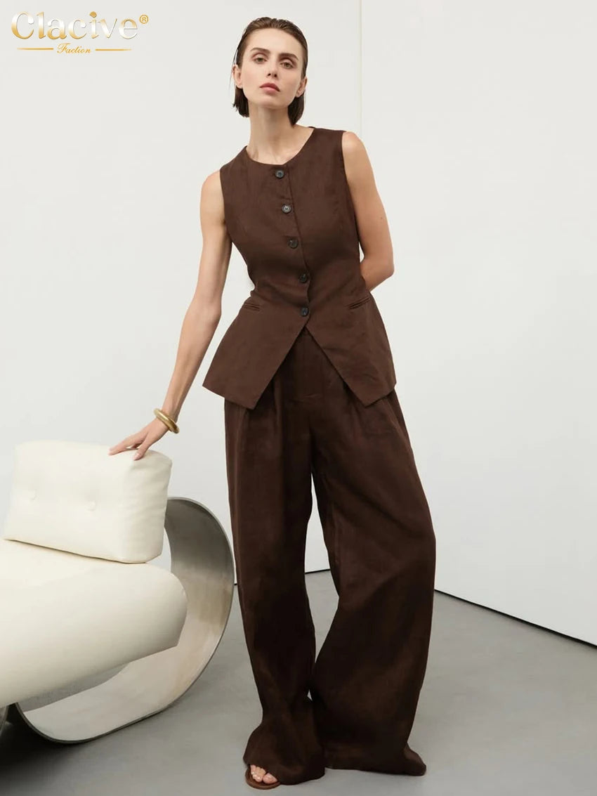 Clacive, conjunto de pantalones de lino marrón ajustados de verano, camiseta sin mangas a la moda para mujer de 2 piezas con pantalones anchos de cintura alta, trajes para mujer