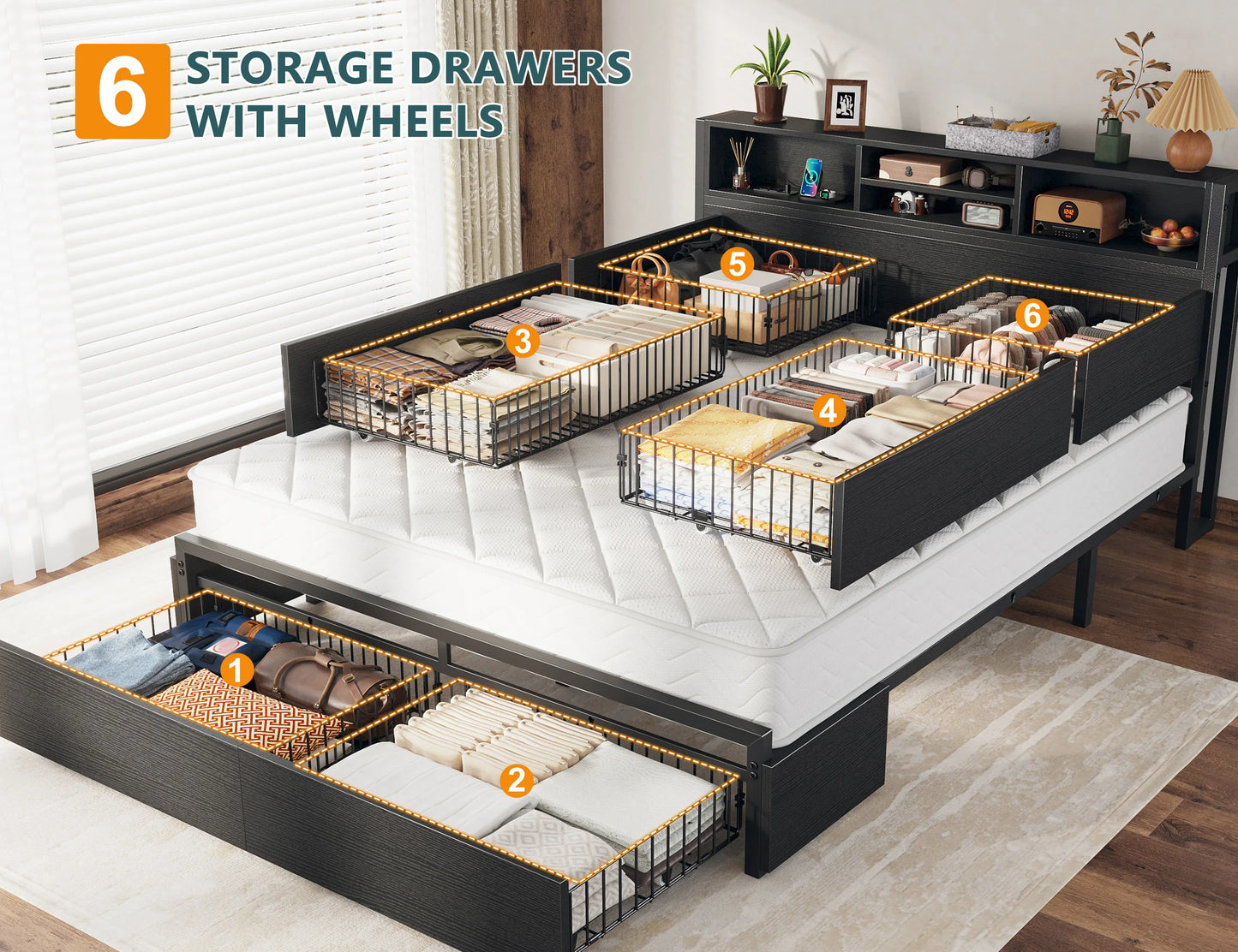 EnHomee - Base de Cama Matrimonial/Queen/King con 6 Cajones de Almacenamiento y Estación de Carga, Base de Cama de Plataforma Metálica con Cabecera con Librero, Sin Ruido