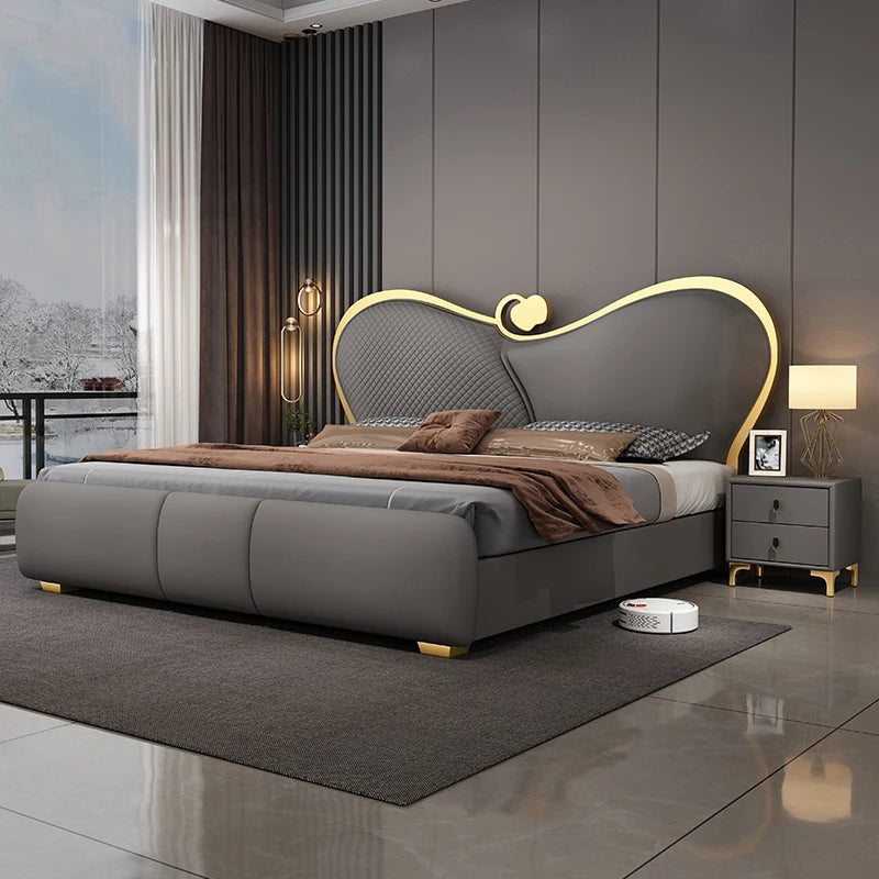 SAT. Cama Doble Moderna y Creativa de Lujo Ligero, Cama Suave, Estructura de Cama King Size y Queen Size, Juego de Muebles de Dormitorio de Alta Gama