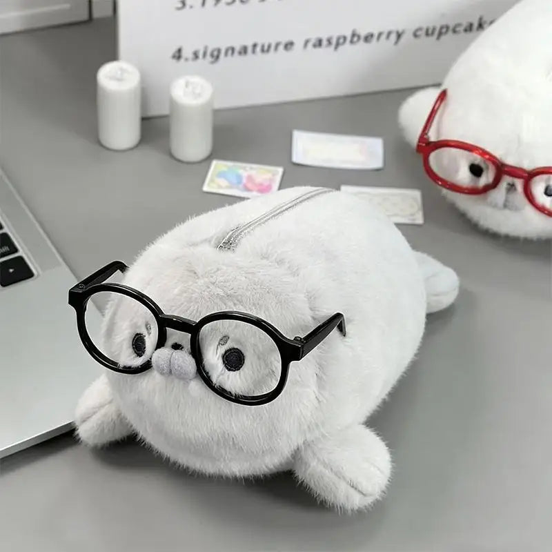 Bolsa de Papelería de Felpa de Gran Capacidad, Útiles Escolares para Estudiantes, Estuche de Lápices con Diseño de Foca Divertida y Linda, Bolsa de Almacenamiento de Alto Valor Estético