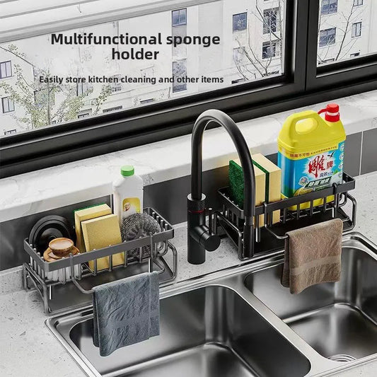 Soporte de esponja de cocina, escurridor, organizador de fregadero para almacenamiento de paño de cocina con gancho para colgar