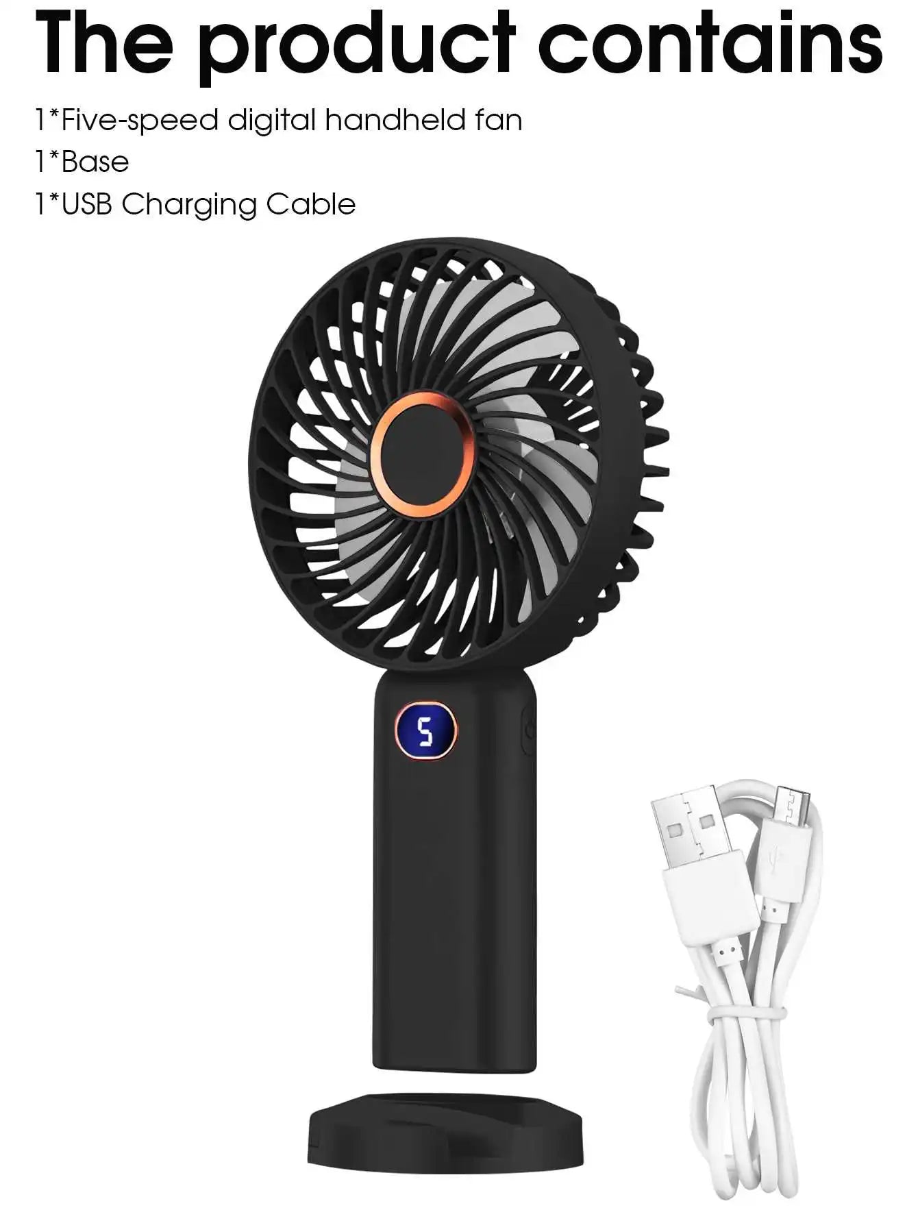 Ventilador portátil de mano, miniventilador recargable por USB, pantalla Digital, ajuste de 5 velocidades, adecuado para viajes, exteriores, oficina y hogar