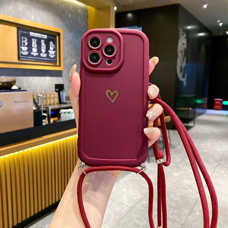 Fundas de teléfono Crossbody Love para IPhone 17 16 Pro Max 15 14 13 12 11 con funda trasera de silicona con cordón