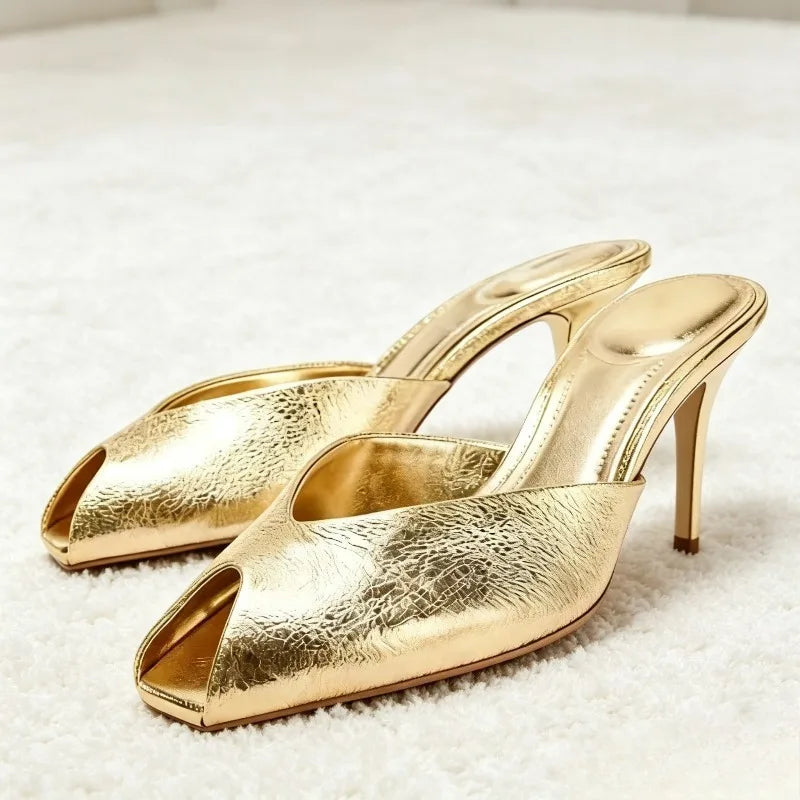 Zapatillas De tacón dorado De diseñador De lujo para Mujer, sandalias deslizantes elegantes con punta abierta y sexis para Mujer, Zapatos De tacón para novia y boda