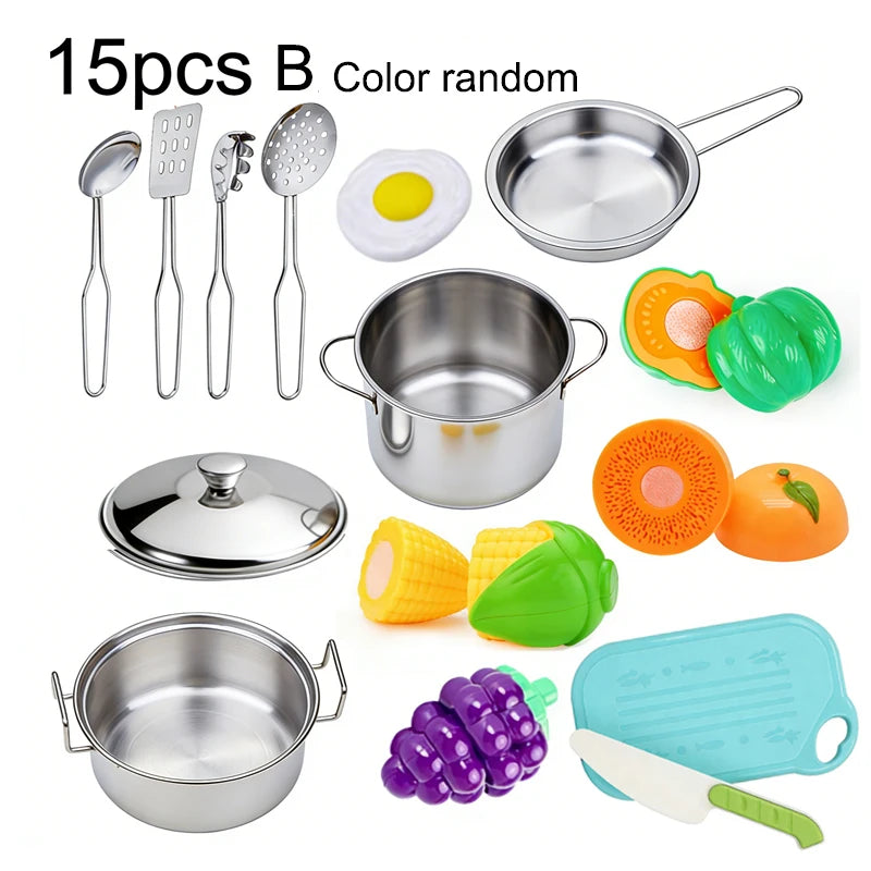 Accesorios para juego de imitación de cocina, juguetes con utensilios de cocina de acero inoxidable, juego de ollas y sartenes, utensilios de cocina, herramienta de aprendizaje para regalos