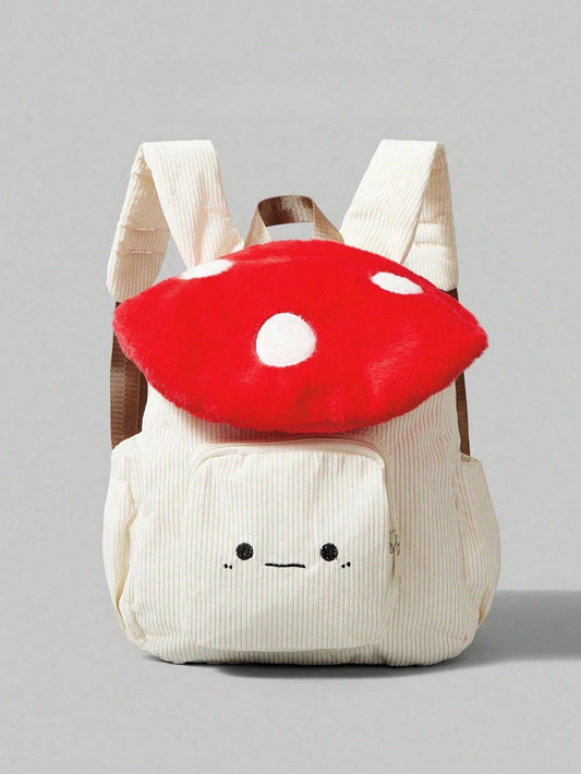 Mochila de Pana Linda y Moderna con Diseño de Hongos y Puntos Bordados, Diseño Color Block, Ideal para el Campus