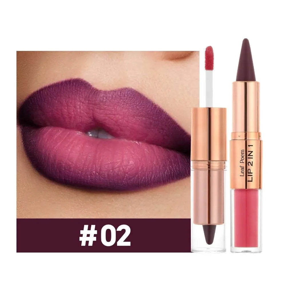 Delineador de Labios 2 en 1 de Doble Punta, Acabado Mate, Antiadherente, Resistente al Agua, Punta Cónica, Brillo Labial Mate de Larga Duración para Uso Diario