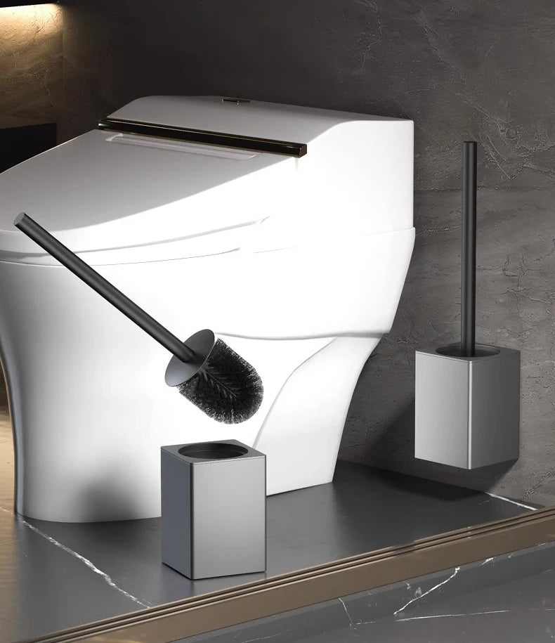 Soporte para escobilla de baño, herramientas de limpieza del hogar montadas en la pared, sin perforación, instalación espacial, cepillos de baño de aluminio WB8712