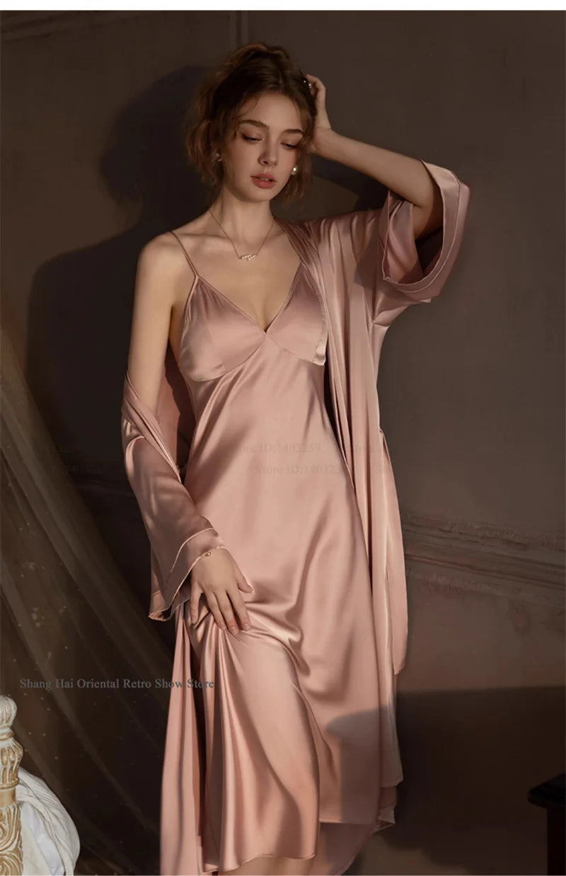 Elegante Conjunto de Bata Larga para Mujer, Lencería Sexy, Ropa de Dormir, Kimono Holgado, Bata de Baño, Vestido de Casa de Satén Sedoso, Ropa de Estar