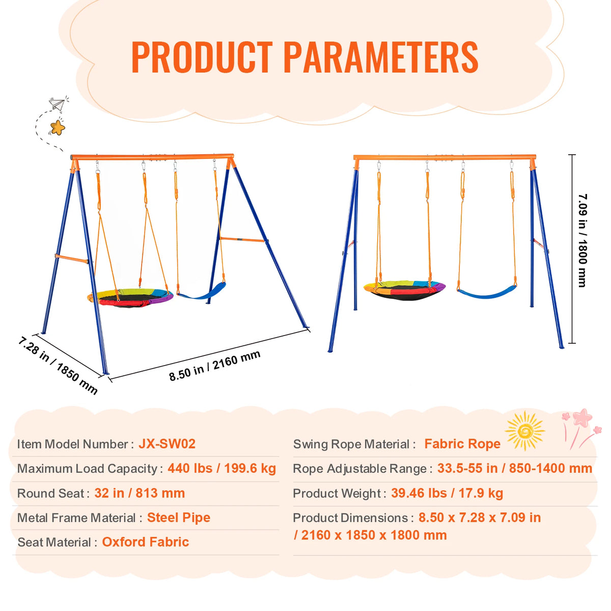 SucceBuy Juegos de columpios para patio trasero Juego de columpios de 600 libras de capacidad con 1 asiento de columpio de platillo 2 asientos de columpio de cinturón Columpio al aire libre para niños