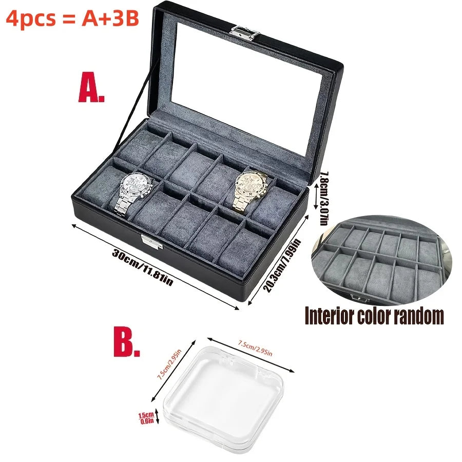 Estuche de Cuero para 12 Relojes para Hombre con Cerradura, Organizador de Relojes de Lujo + 3 Cajas Transparentes para Guardar Pulseras, Juego de 4 Piezas