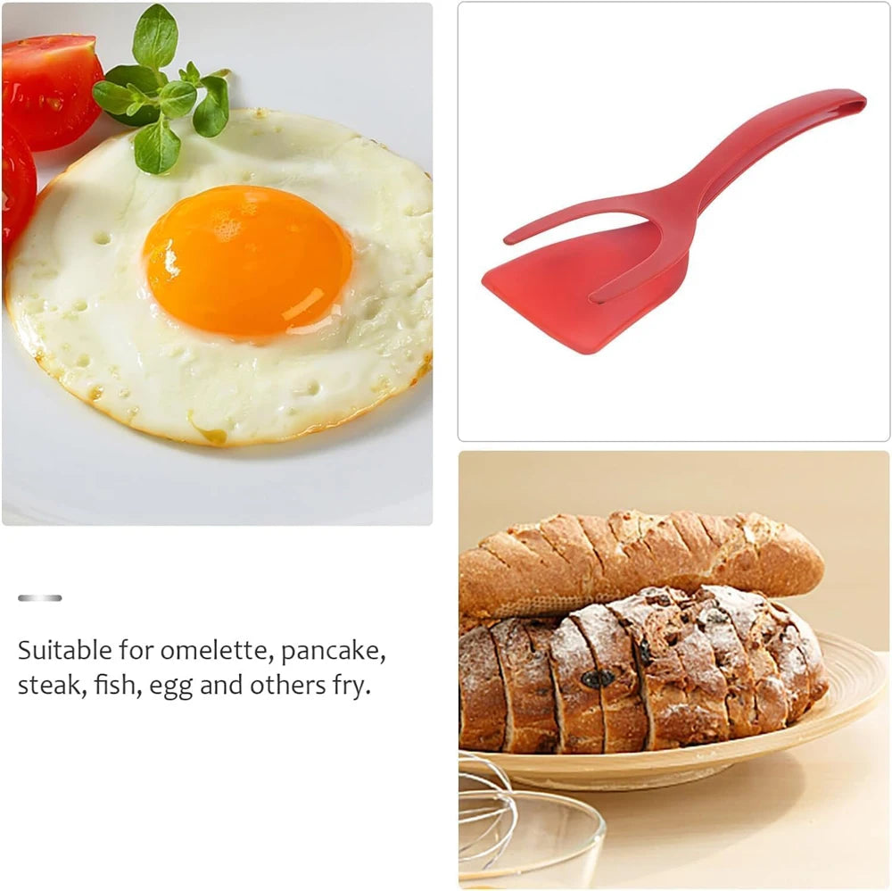 Nueva Espátula 2 en 1 con Pinzas, Espátula para Voltear Huevos, Espátula de Nailon con Revestimiento Antiadherente, Herramienta para Hacer Panqueques, Pescado, Tostadas Francesas y Omelettes