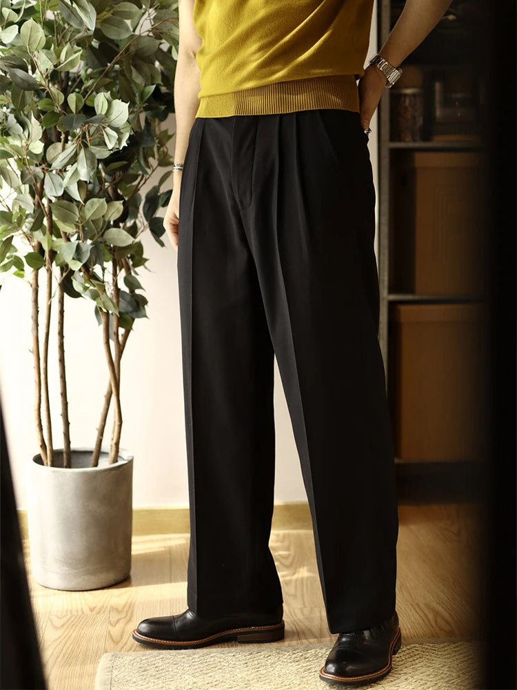 2025 pantalones de moda de primavera para hombre, pantalones rectos sueltos plisados de Color sólido, pantalones de traje transpirables de ocio para hombre, ropa para hombre