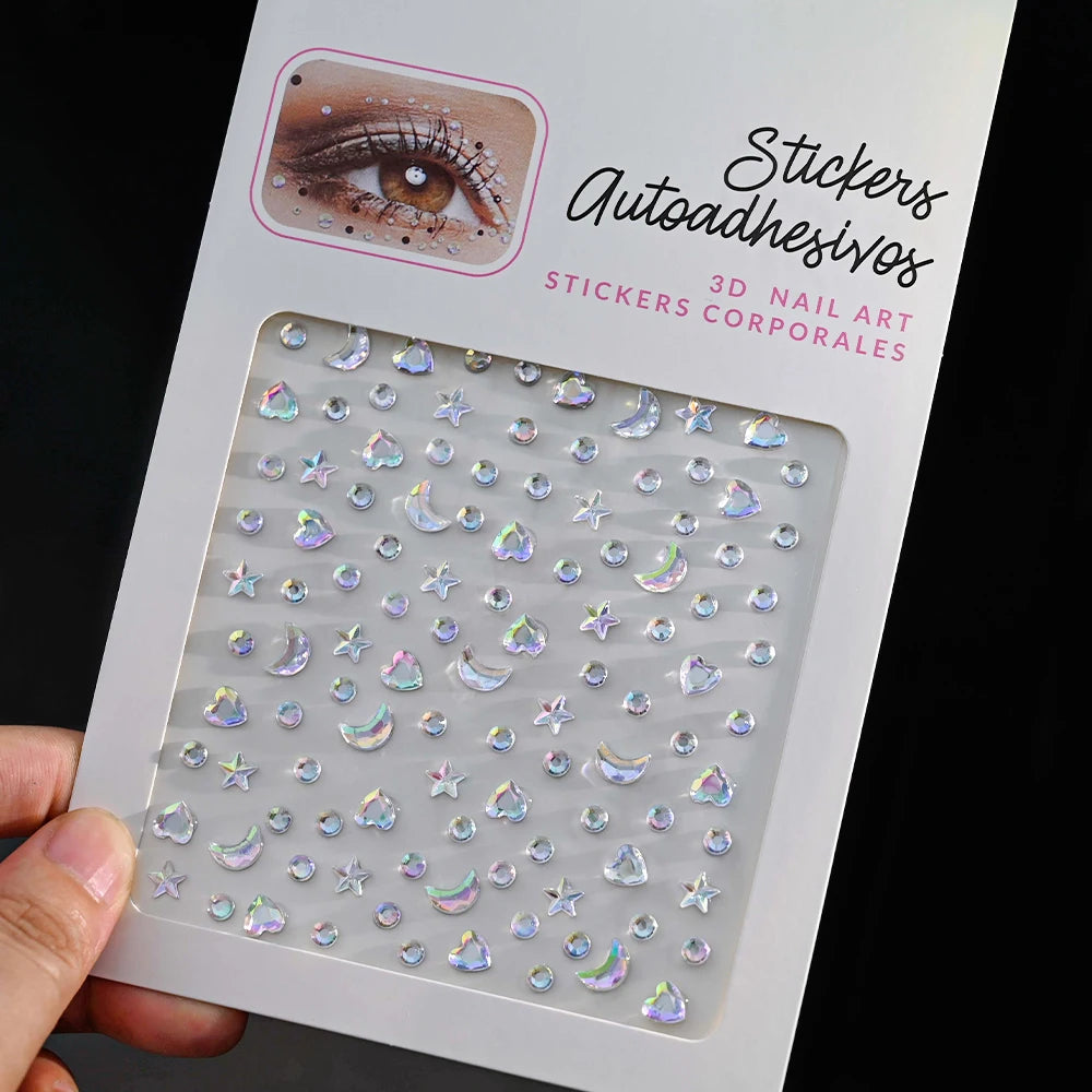 1 unidad 3D Y3K plata Aurora Luna estrella cara gemas joyas pegatinas de diamantes de imitación autoadhesivo cristal maquillaje diamantes tatuajes decoración