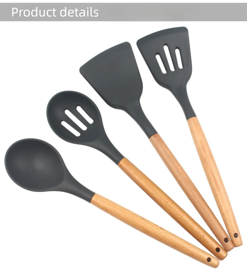 Juego de 12 utensilios de cocina de silicona con mango de madera, espátula antiadherente, cuchara para sopa y freír