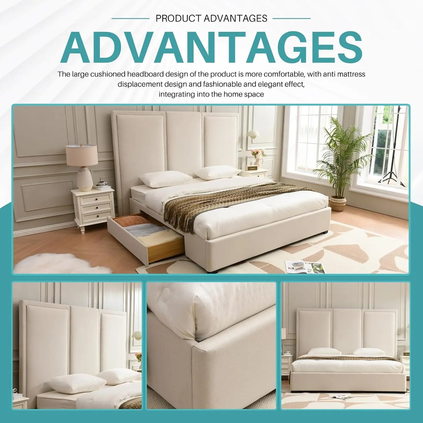 Estructura de cama tamaño King con cabecero alto de 64 pulgadas, cama con plataforma tapizada de lino simple y aireada con cajones de almacenamiento, listones de madera,