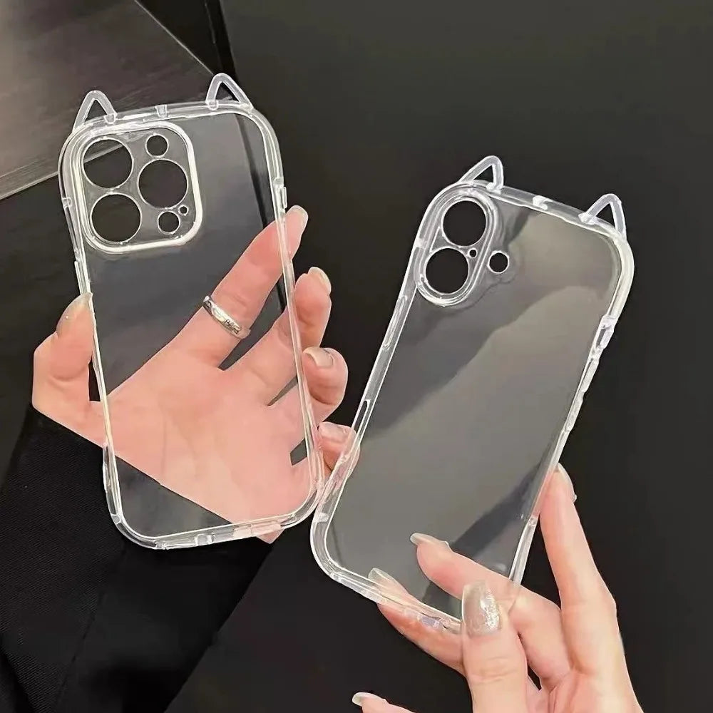 Funda Transparente con Orejas de Gato para iPhone 17 12 13 14 15 16 E Pro Max 11 7 Xr X Xs Max, Carcasa Protectora Antigolpes