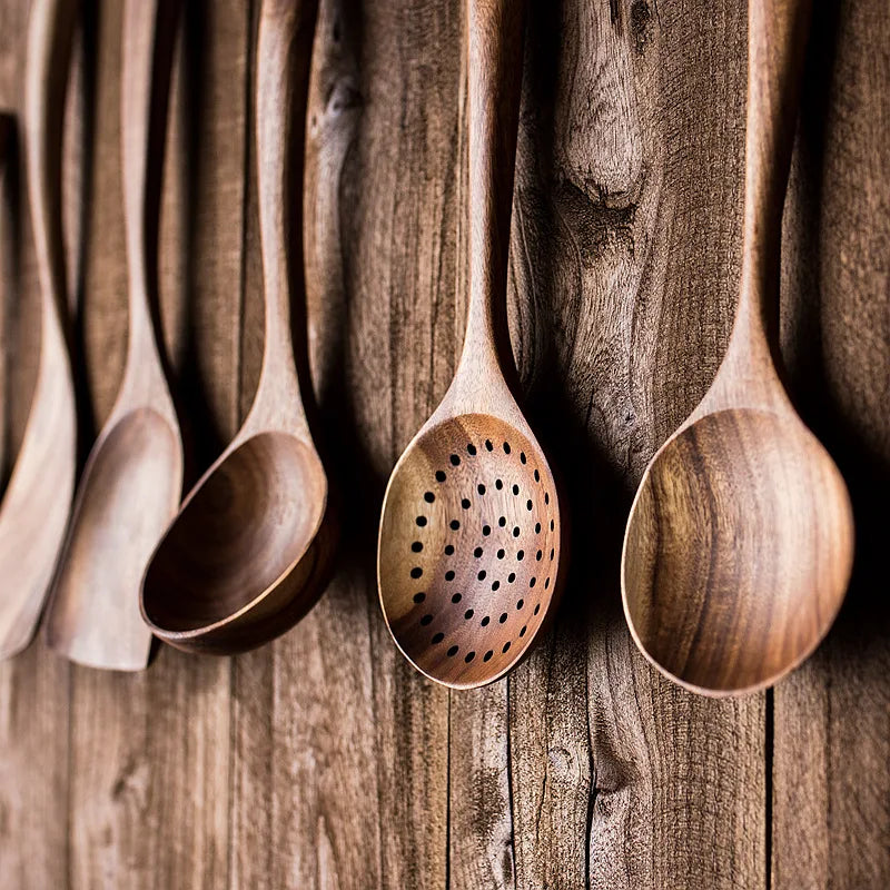 Cuchara de cocina de teca Natural, espátula de madera, juego de utensilios antiadherentes para cocinar con ganchos colgantes, herramienta de utensilios de cocina