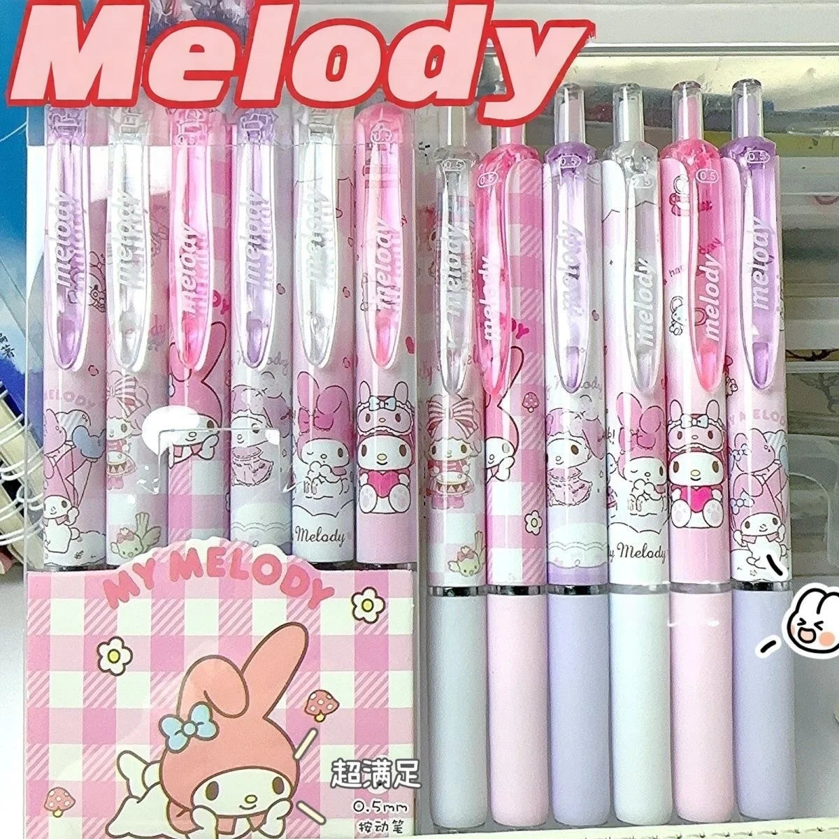 Juego de 6 bolígrafos de gel de alta calidad de Hello Kitty Melody, edición limitada, serie de dibujos animados, negro, 0,5 mm, papelería diaria para estudiantes/oficina