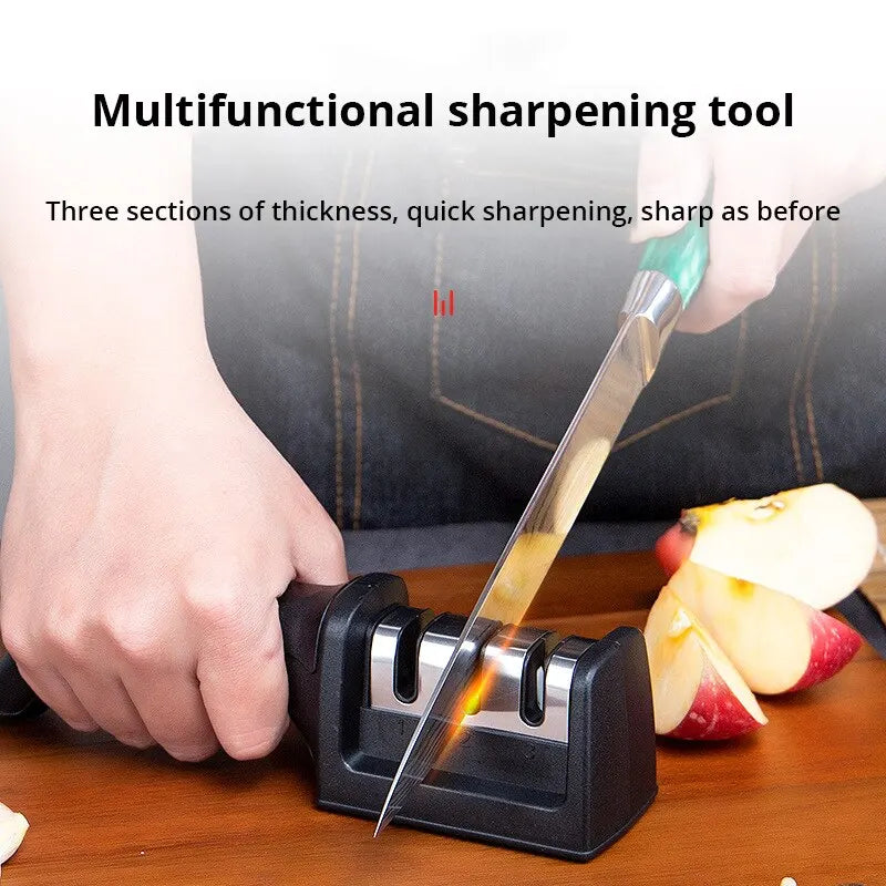 Afilador de cuchillos de tres segmentos para cocina, herramienta de cocina de piedra para afilar de tres usos, multifuncional, color negro, 1 ud.