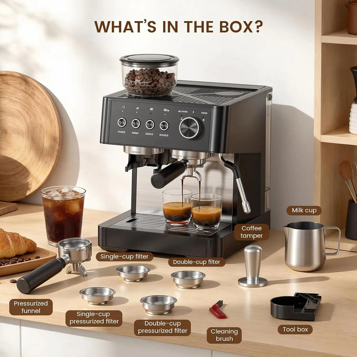 Máquina de Espresso de 20 Bares con Molinillo, Cafetera, Espumador de Leche, Varilla de Vapor, Herramientas de Apisonado, Cappuccino, Latte