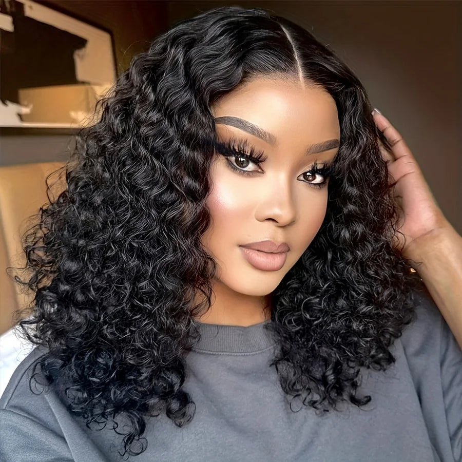 Peluca BOB de onda profunda, cabello humano 13x4 HD, pelucas frontales de encaje rizado, cabello humano prearrancado y Go, BOB Frontal corto y rizado sin pegamento