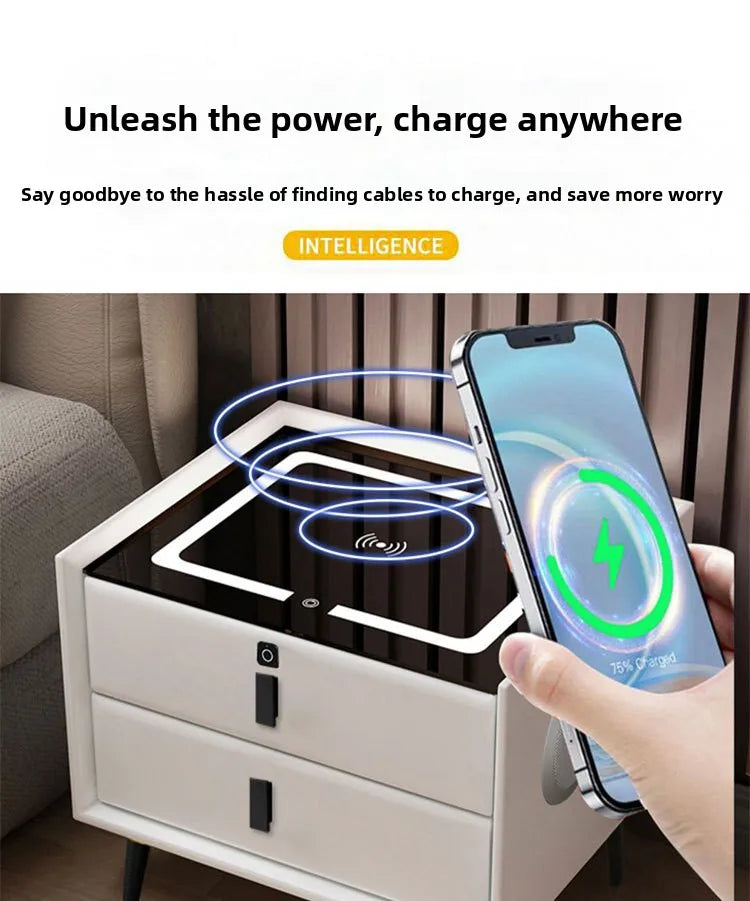Mesita de noche de madera inteligente con altavoz cargador inalámbrico, mesita de noche minimalista moderna de dos cajones, muebles multifuncionales para el hogar