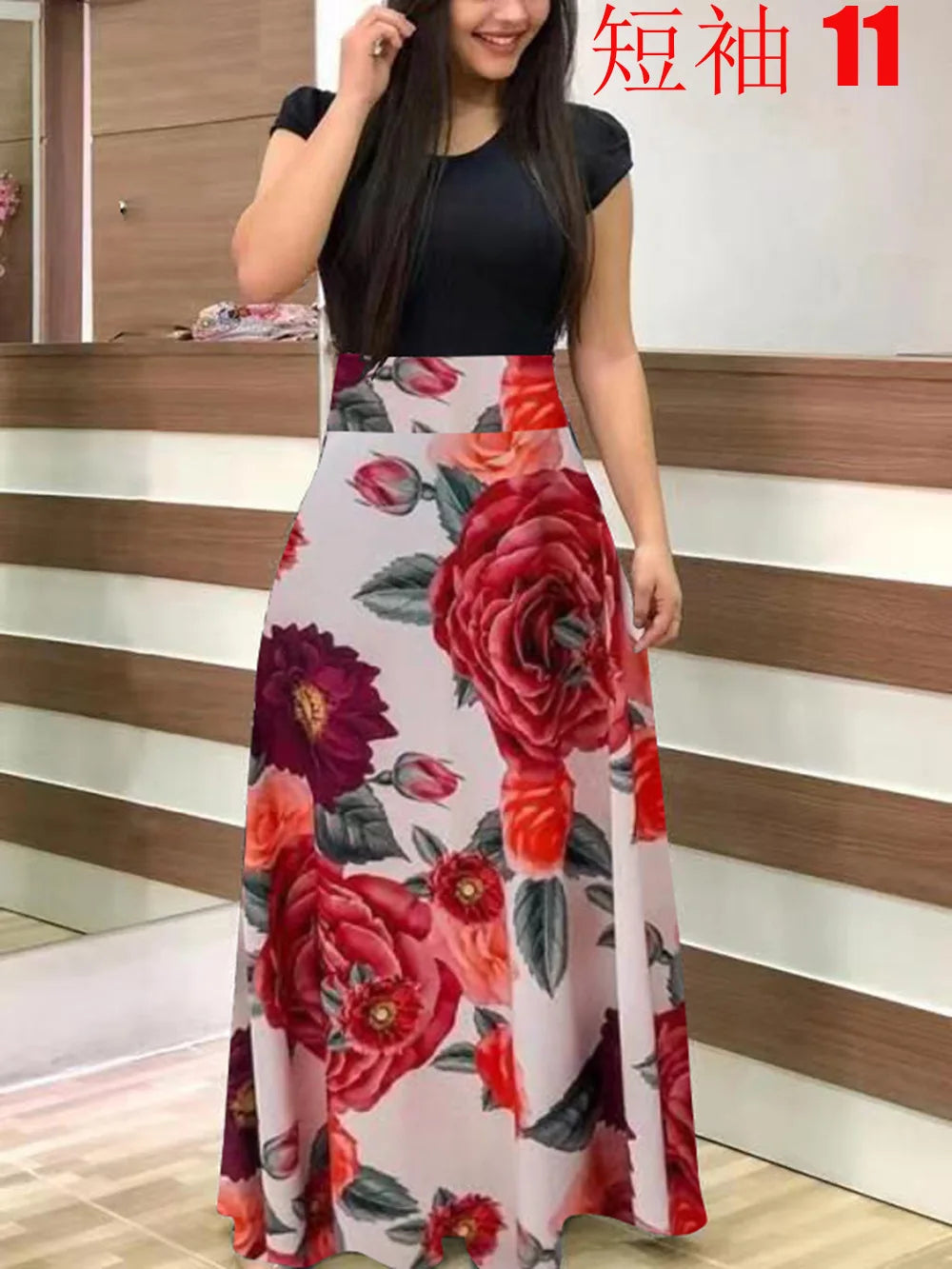 Vestido de manga corta a juego con estampado de flores de estilo europeo y americano para mujer, falda con vuelo grande, 2024