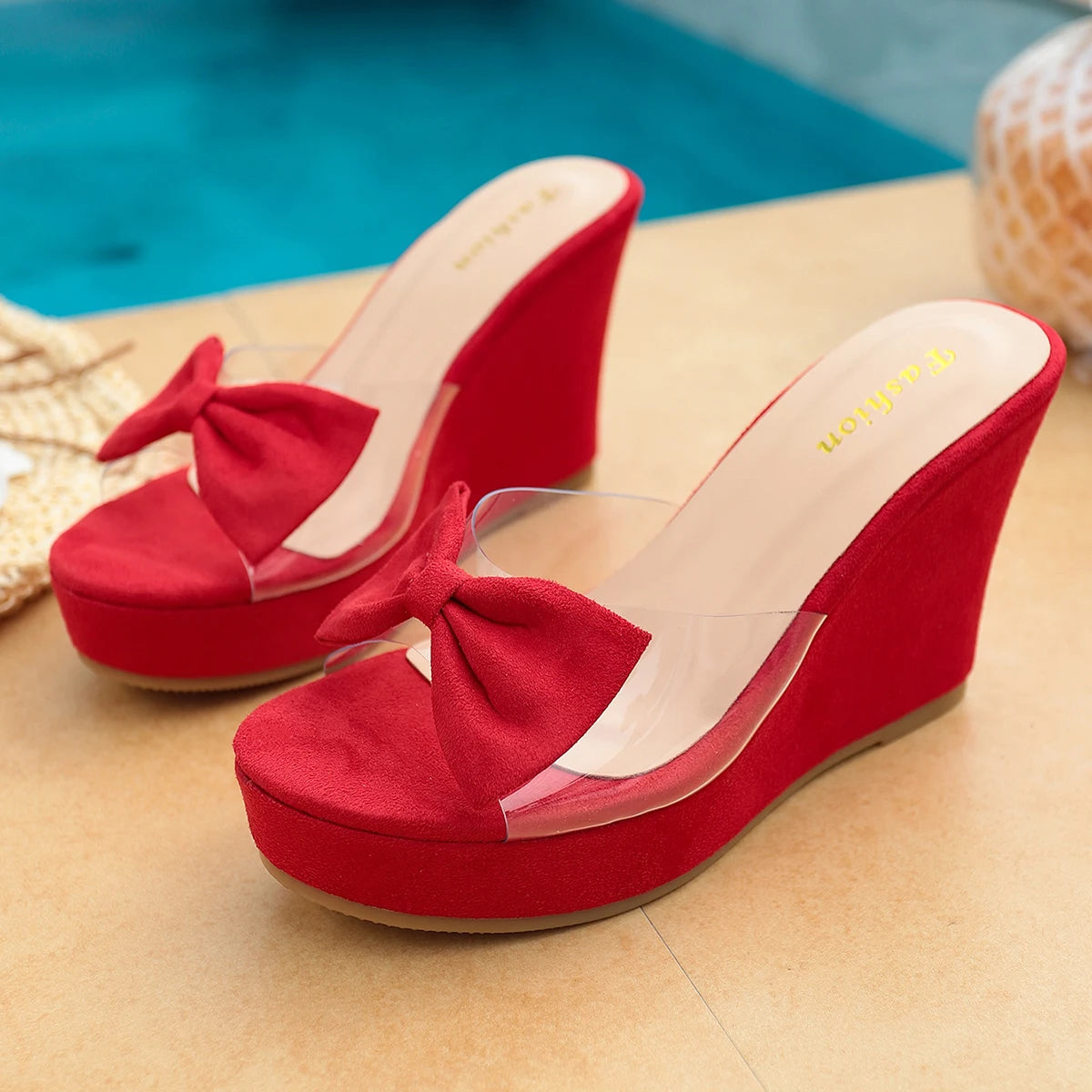 Sandalias de verano para mujer con tacón de cuña alto, estilo boca de pez, suela gruesa, para exteriores, con lazo dulce, de gamuza, para chicas y escolares