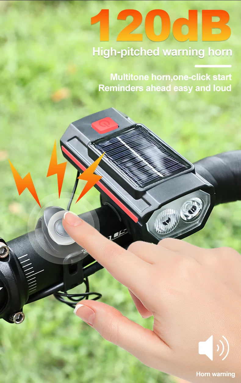 Luz Solar para bicicleta con bocina, 120dB, TYPE-C, carga rápida, lámpara frontal para bicicleta de montaña y carretera, linterna para bicicleta de 1200 mah