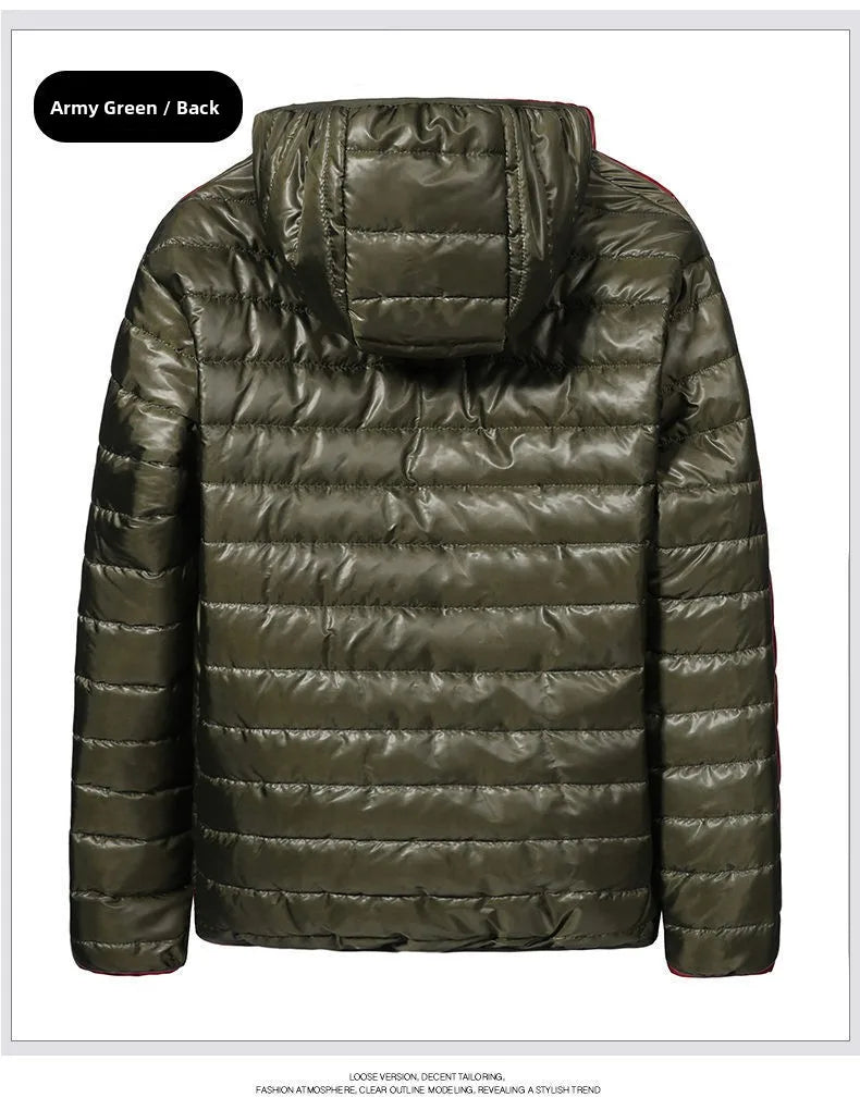 Chaqueta de plumón ligera para hombre, estilo nuevo de otoño-invierno, tipo abrigo acolchado, con cierre de cremallera y capucha, de fibra de poliéster.