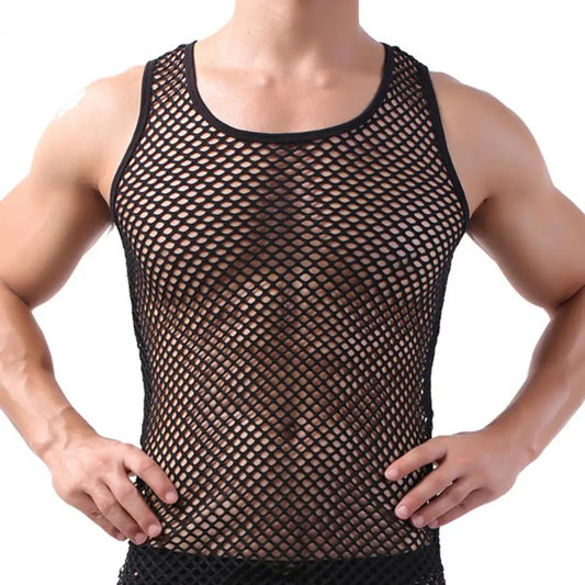 Herren-T-Shirt aus transparentem Nylon-Mesh — Langarm, sexy, modisch