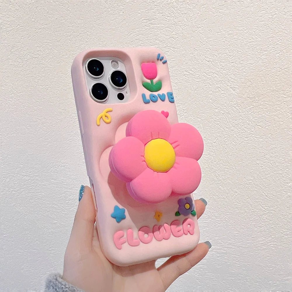 Lindo soporte floral 3D funda de silicona suave soporte de flores cubierta para iPhone 16 15 14 13 12 11 Pro Max 7 8 Plus X XS Max XR