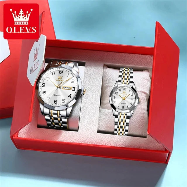 OLEVS 9970 reloj de lujo para parejas, reloj de pulsera con calendario resistente al agua de acero inoxidable para hombres y mujeres, reloj para amantes del espejo con rombos y esfera Digital