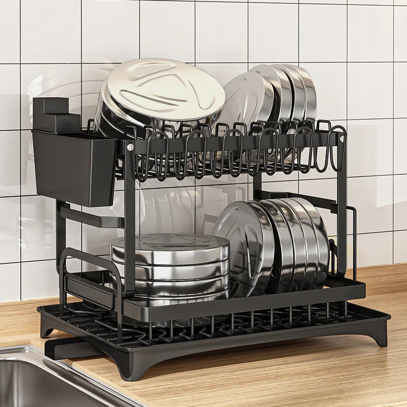 Estante de secado de platos de 2 niveles, escurridor de cuencos de cocina, estante de almacenamiento, vajilla, drenaje, palillos, cuchillo, tenedor, soporte de almacenamiento de vasos de agua de 2 niveles