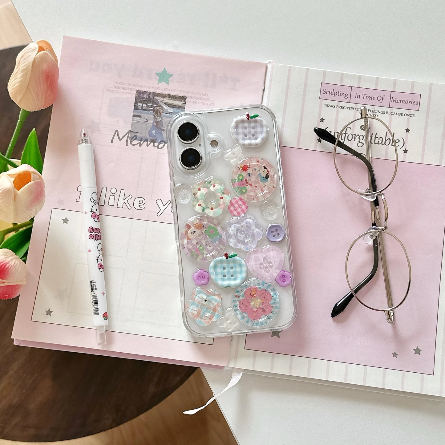 Adorable transparente decorado con botones estampados funda de teléfono de aspecto divertido para iPhone 16 15 14 13 Pro Max contraportada Capa