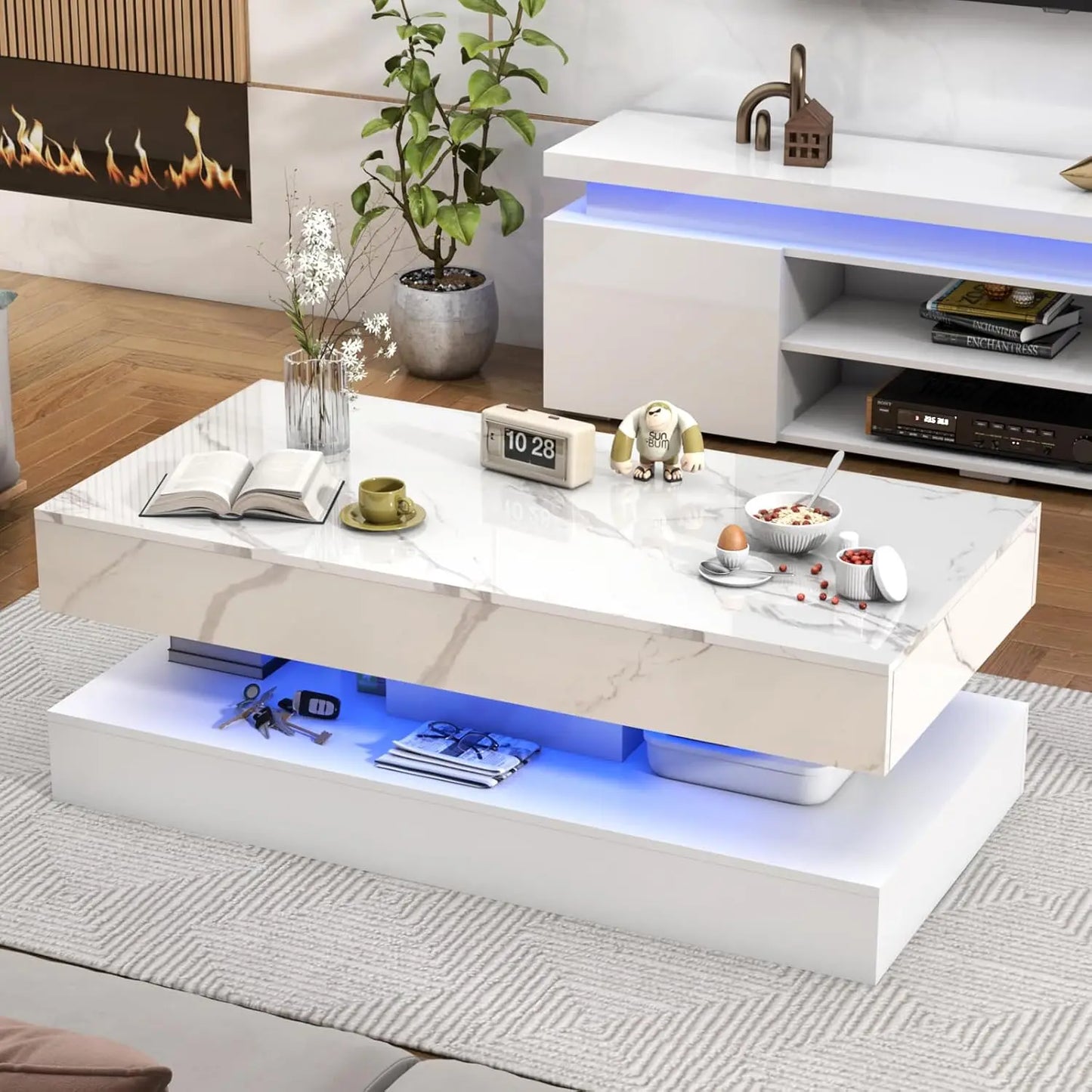 Mesa de Centro Moderna y Elegante con Luces LED, Diseño de Doble Capa para Sala de Estar con 2 Cajones de Almacenamiento