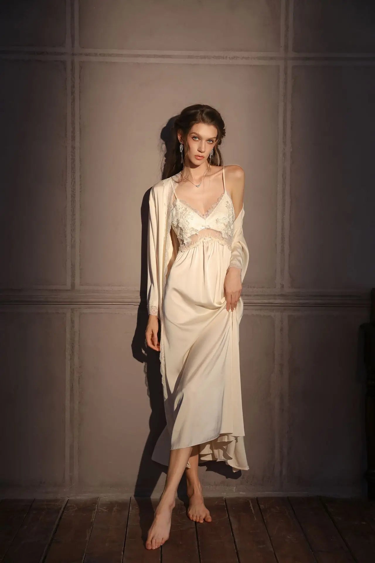 Conjunto de bata larga elegante para mujer, camisón de lencería Sexy, camisón con espalda descubierta, ropa de dormir para el hogar, ropa de dormir de satén de seda