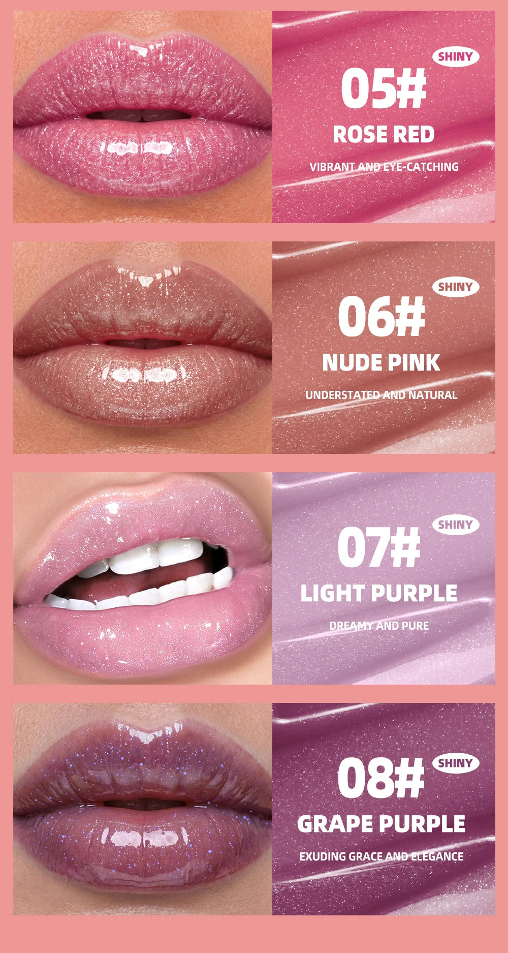 Brillo Labial QIBEST Efecto Espejo, Tinte de Larga Duración, Hidratante, Brillante, con Purpurina, Maquillaje Nutritivo