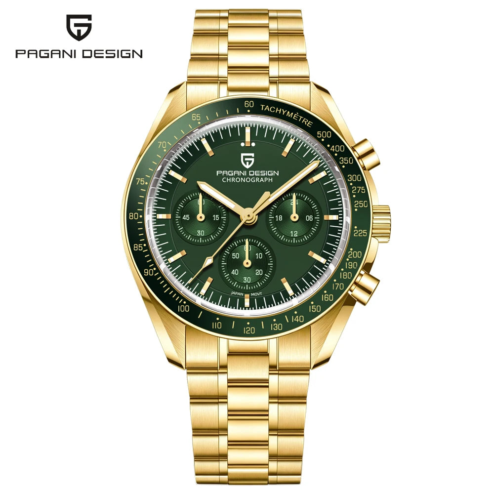 Relojes PAGANI DESIGN Moon para hombre, reloj de cuarzo de lujo dorado, cronógrafo deportivo, zafiro AR, resistente al agua, luminoso, regalo para hombre