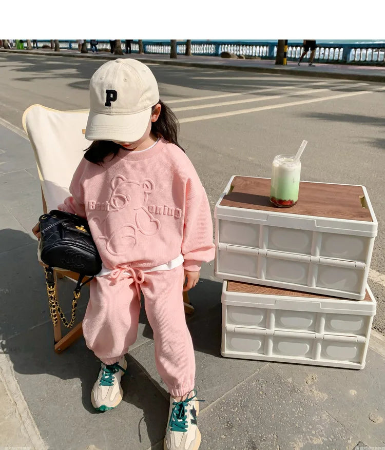 Conjunto de ropa informal para niña de 3 a 8 años, sudadera de manga larga con estampado de oso de dibujos animados, pantalones, 2 piezas, ropa deportiva