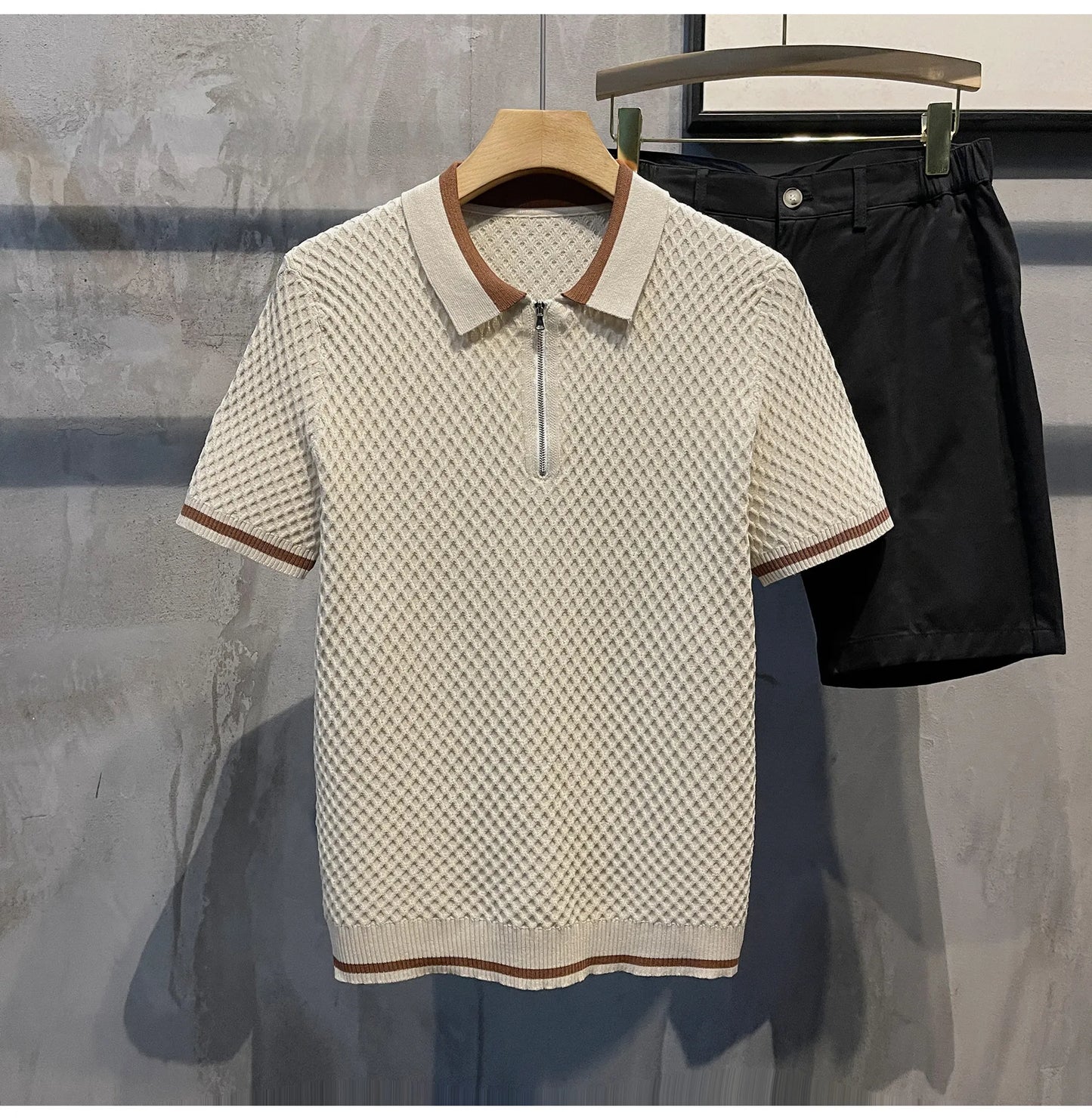 Camisa Polo de Punto Jacquard con Cuello en V para Hombre, Estilo Casual, Color Sólido, Manga Corta, Transpirable, Ropa de Lujo B24, 2026