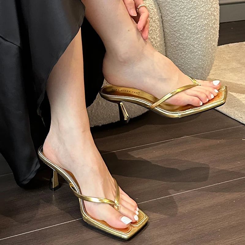 Sandalias de tacón sexis de verano para mujer, zapatos deslizantes para mujer, zapatos de tacón a la moda para mujer, chanclas, zapatillas de tacón alto de lujo