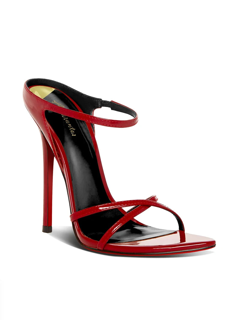 Sandalias de Tacón Delgado Negras Estilo Celebridad con un Toque Femenino, Tira Cruzada Puntiaguda, Suela Roja, Tacones Altos, Sandalias Abiertas