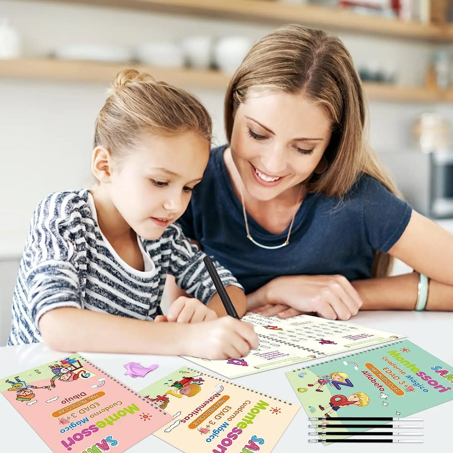 Juego de 4 Cuadernos de Práctica de Caligrafía Mágica Montessori en Español, Reutilizables, para Trazar el Alfabeto, Números, Matemáticas y Dibujo