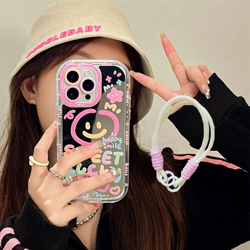 Dulce sonrisa de la suerte patrón espejo de maquillaje funda trasera dura para iPhone 13 15 16 Pro Max 14 11 12 Linda chica cubierta a prueba de golpes