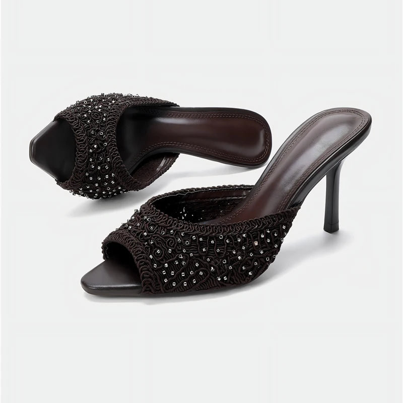 Aligaia 2026 Elegantes Sandalias de Tacón Alto para Mujer, con Cuentas, Punta Abierta, Casuales, de Diseñador, para Verano