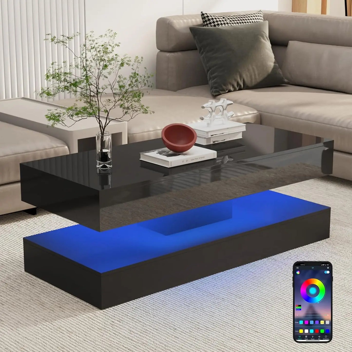 Mesa de Centro Moderna y Elegante con Luces LED, Diseño de Doble Capa para Sala de Estar con 2 Cajones de Almacenamiento