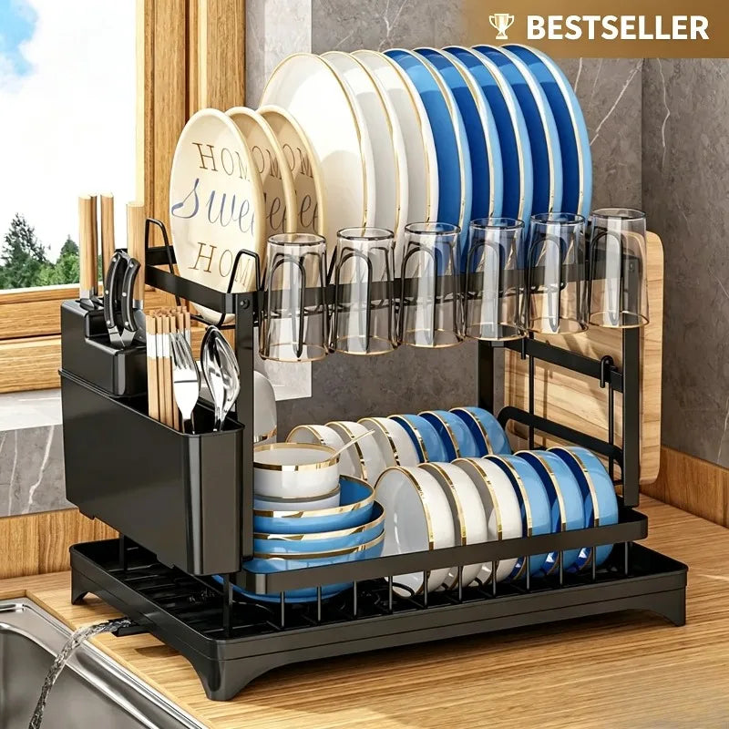 Escurridor de platos de doble capa y gran capacidad con placa guía de agua |   Estante de almacenamiento para tazones, tazas y vajilla de cocina