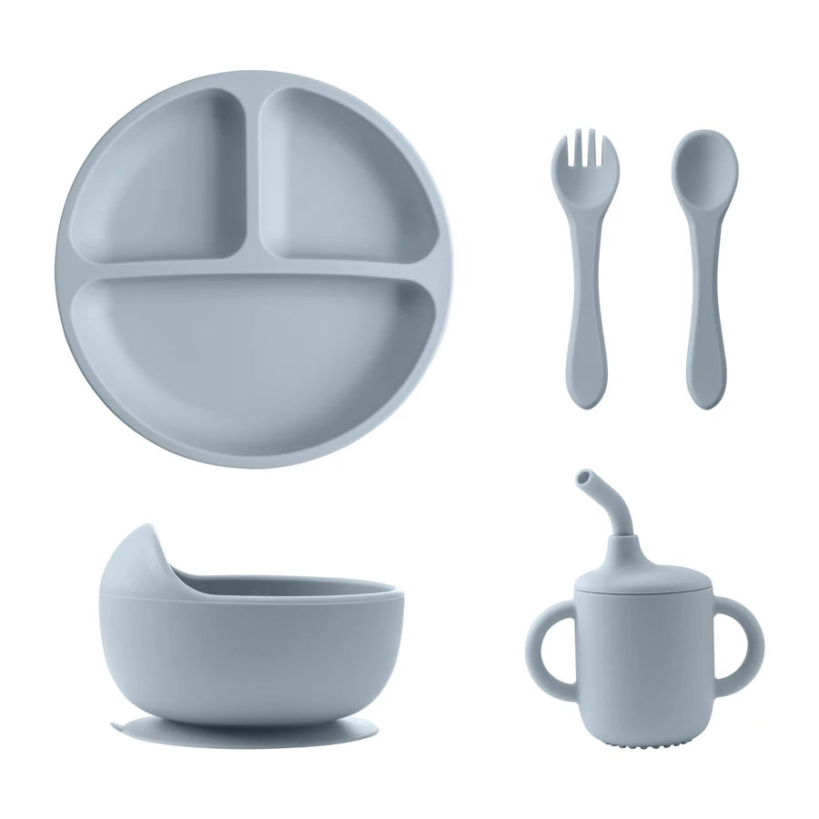 Juego de vajilla de silicona para bebé, plato con ventosa, utensilios suaves, taza para sorber, juegos de entrenamiento de alimentación para bebé, 5 uds.